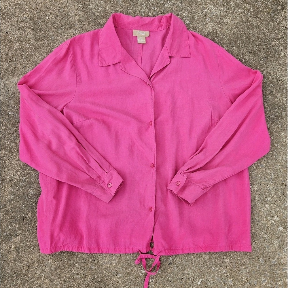 100% Silk Button Up Shirt Women XL Bright Fuchsia Pink Long Sleeve Tie Front